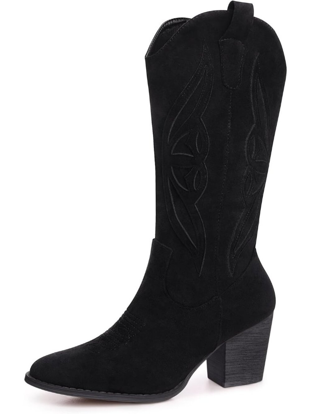 Women's Black Mid Calf Cowgirl Boots Western Embroidered Country High Heel Boots